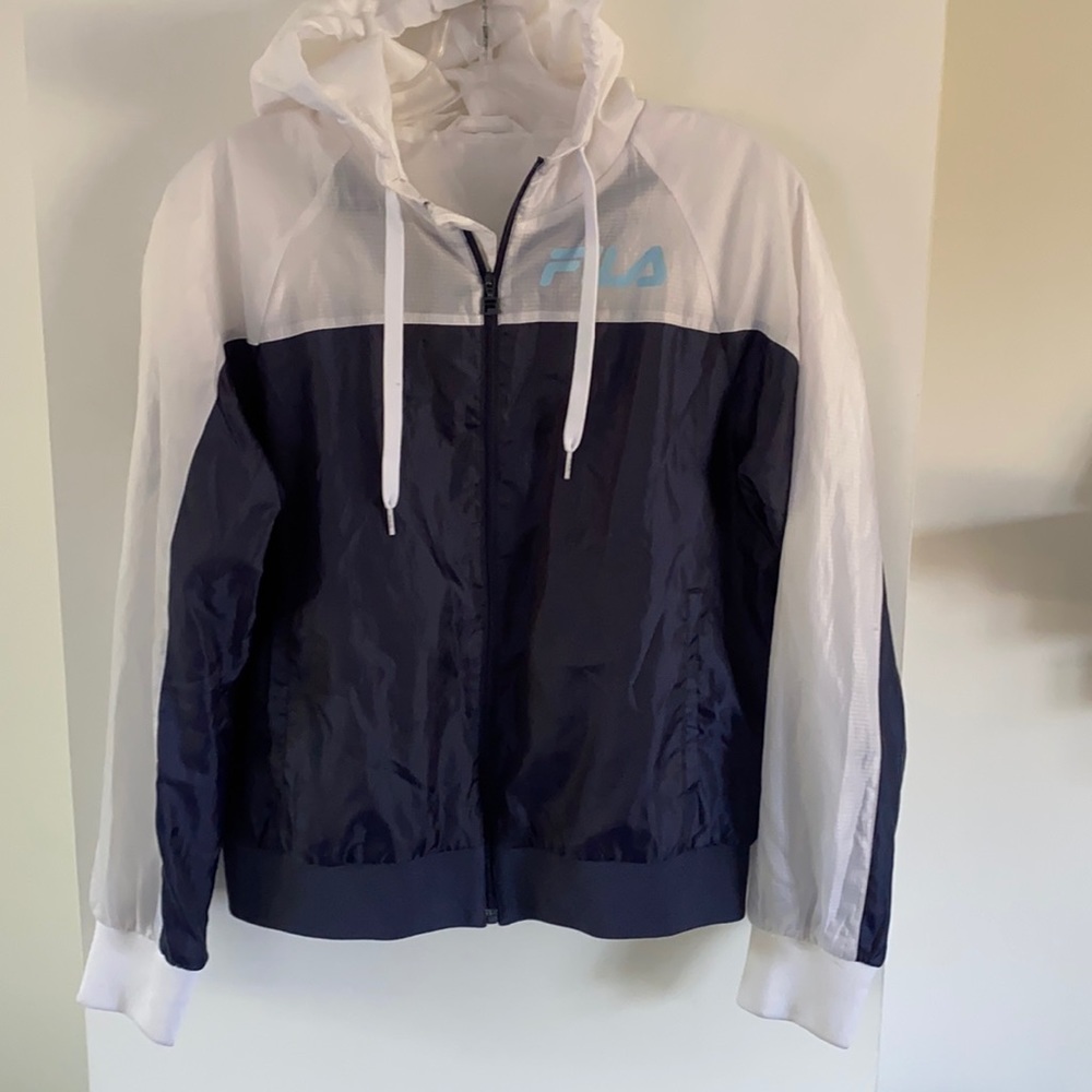 Vintage FILA windbreaker wind shell jacket navy blue white rain wind coat zip